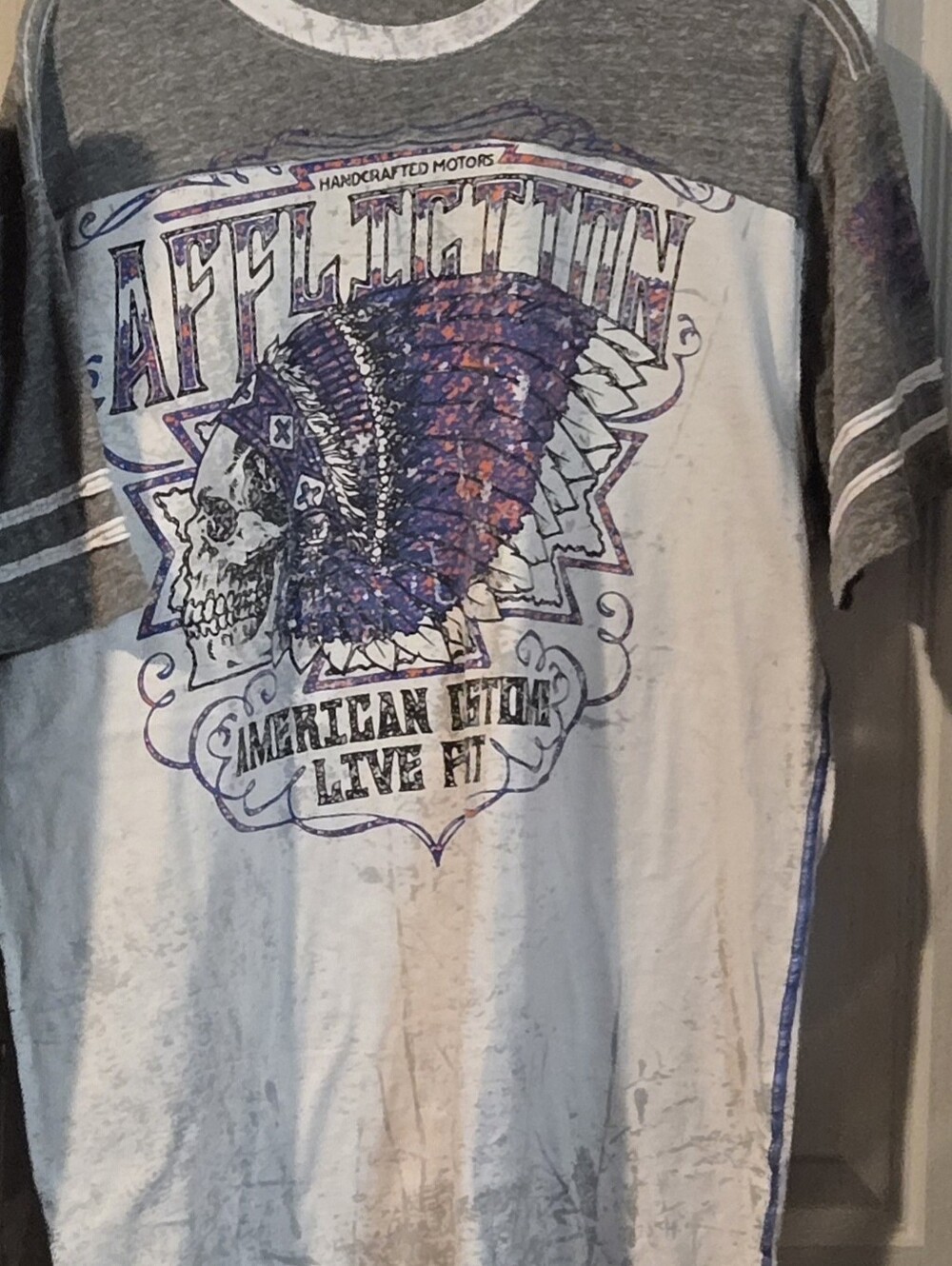 Affliction White and Gray Short Sleeve Graphic Tee with Purple Accents